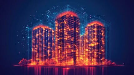 Low poly 3D wire mesh of a smart city An intelligent building automation system concept with binary code data flow showcasing technology in urban architecture