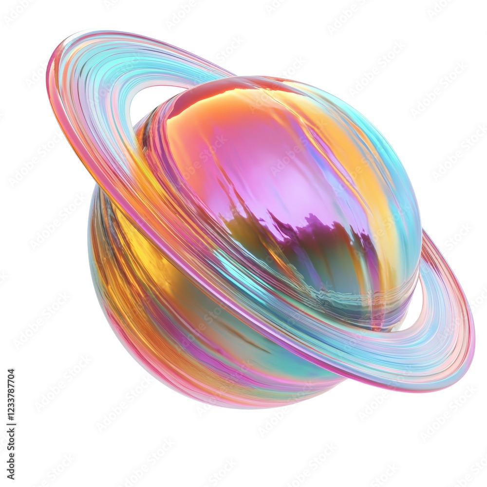 Poster a digitally rendered image of a vibrant iridescent planet with a striking set of pastel colored ring