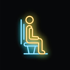 Fototapeta premium Bright yellow neon sign of a person sitting on a chair, possibly in a waiting room, against a dark background