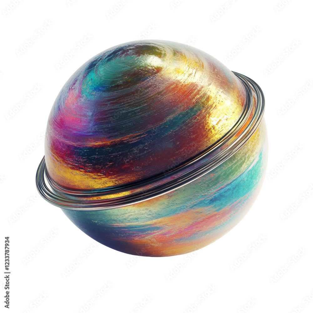 Poster a digitally created image depicts a vibrant iridescent sphere encircled by a metallic ring against a