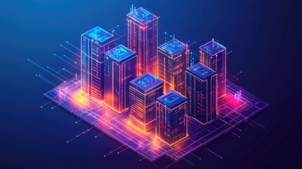 Low poly 3D wire mesh of a smart city An intelligent building automation system concept with binary code data flow showcasing technology in urban architecture
