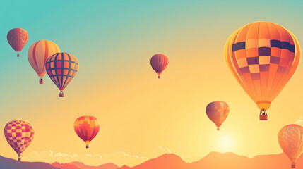 Naklejka premium Albuquerque International Balloon Fiesta banner with bright sky blue and golden orange gradient background, colorful hot air balloons in various patterns floating