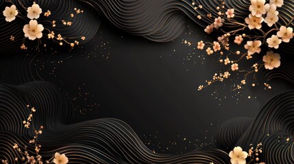Elegant floral frame, dark wave background, gold accents,  spring blossom, invitation design