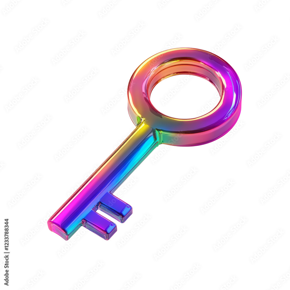 Poster The image shows a single iridescent metallic key with a rainbow color effect against a black background.