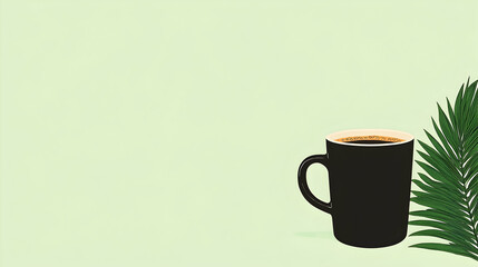 Black coffee mug, palm leaf, pastel background, morning drink, website banner