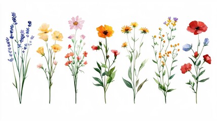 Watercolor floral stems with delicate flowers in various colors on a white background