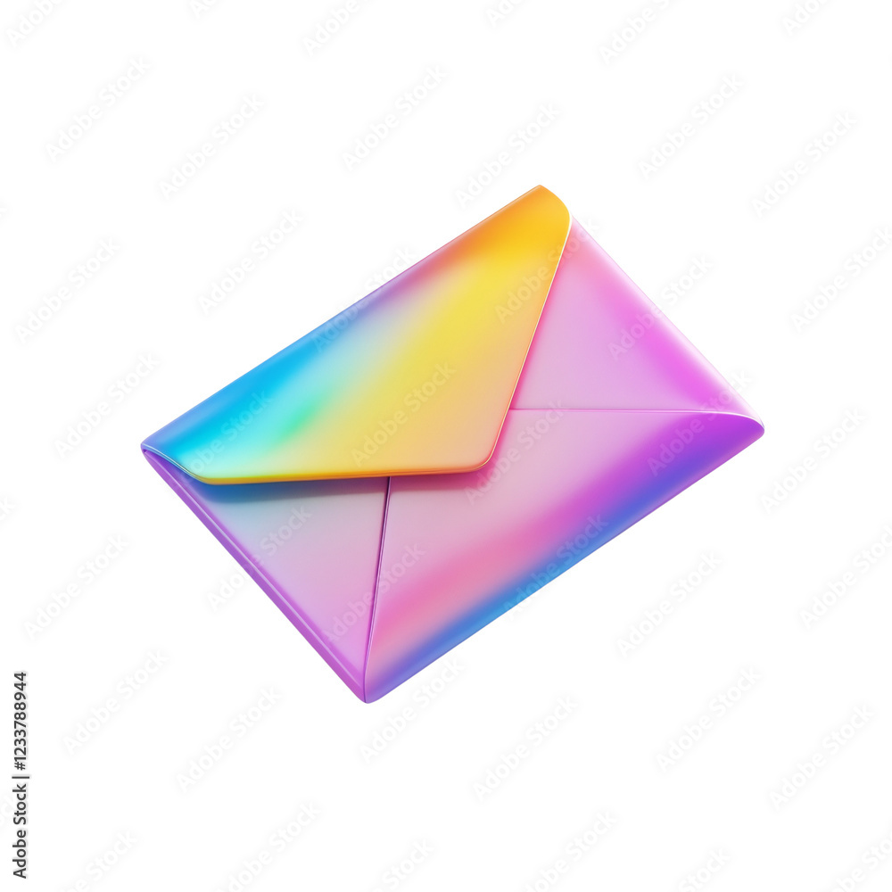 Poster a 3d rendered image shows a vibrant rainbow colored envelope with a glossy finish against a black ba