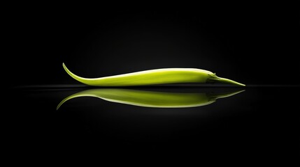 Fototapeta premium A single green chili pepper rests on a black reflective surface