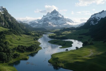 Fototapeta premium Majestic river and snowy mountain landscape remote region nature tranquil environment wide angle view serenity