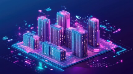 Low poly 3D wire mesh of a smart city An intelligent building automation system concept with binary code data flow showcasing technology in urban architecture