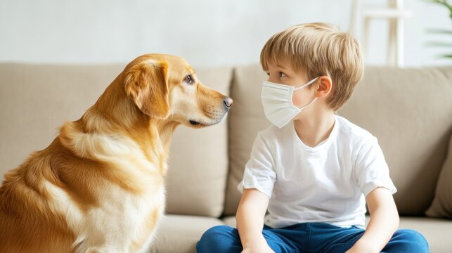 Child with mask faces dog in allergy awareness scene at home