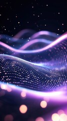 Futuristic neon light waves and glowing dots in abstract digital space