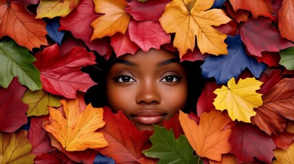 Autumnal Embrace: A woman's face is framed by a vibrant tapestry of autumn leaves, reflecting the beauty and serenity of fall.