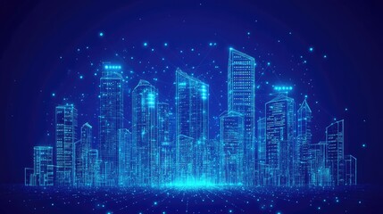 Low poly 3D wire mesh of a smart city An intelligent building automation system concept with binary code data flow showcasing technology in urban architecture