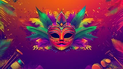 Barranquilla Carnaval banner with neon red, green and purple gradient background, large carnival mask iconography with colorful feathers in the center