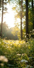 Fototapeta premium Nature therapy practice on lush forest path at golden hour wide shot capturing connection and serenity