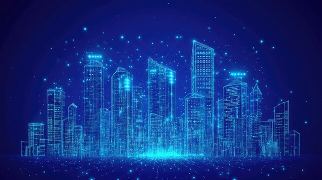 Low poly 3D wire mesh of a smart city An intelligent building automation system concept with binary code data flow showcasing technology in urban architecture