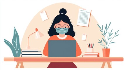 Woman managing allergies while working from home with mask and plants