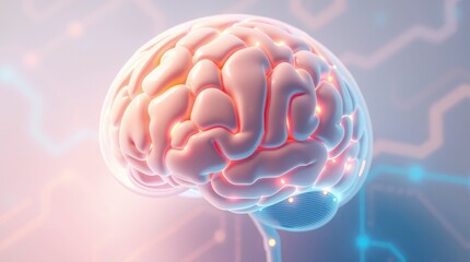 Medical illustration, human brain, anatomical detail, pastel pink tones, blue glow, neural connections, electrical synapses, 3D rendering