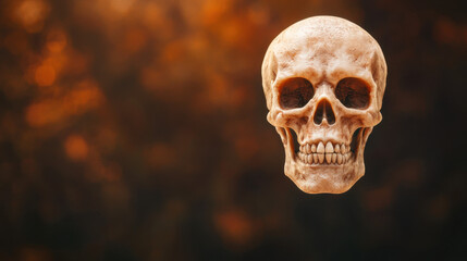 Fototapeta premium A detailed skull suspended against a warm, blurred background, creating a dramatic and eerie atmosphere.