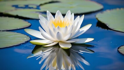 a single white waterlily sitting on top of a pool of water next to a leaf covered plant