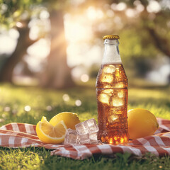 A bottle of soda with ice cubes and a slice of lemon, condensation on the bottle, set against a casual picnic background