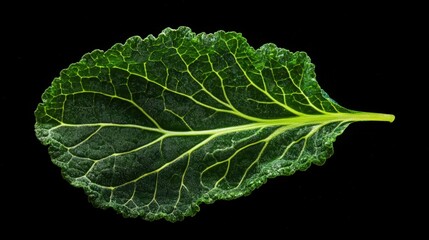 A Detailed Close-up of a Single Kale Leaf Against a Black Background:  Nature's Intricate Design in Vibrant Green