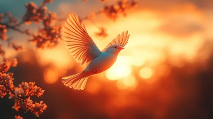 Fototapeta premium Serene Sunset Flight: A White Bird in Golden Hour
