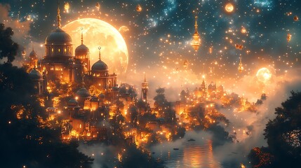 Obraz premium Fantasy Cityscape with Glowing Lights and Domes Under a Majestic Moon and Starry Sky