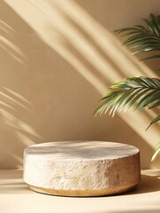 Minimalist stone podium with palm leaves and soft light casting shadows on a beige background