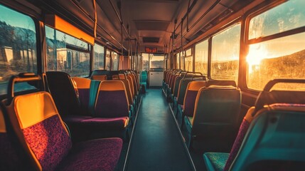 Fototapeta premium Empty bus at sunset, scenic mountain view, travel commute