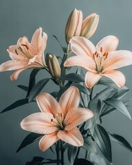 Naklejka premium Peach lily bloom with dark green leaves and buds against a muted gray green background