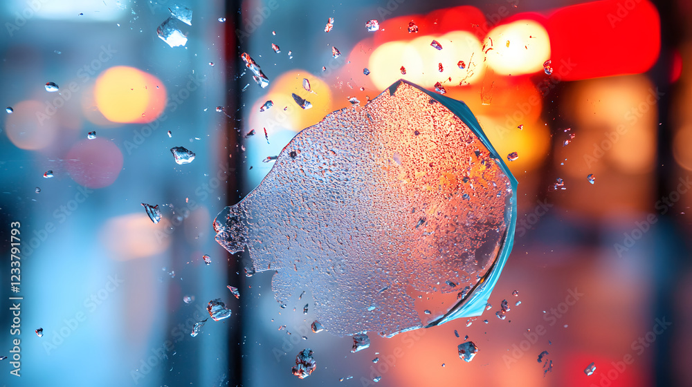 Poster a close-up of a water droplet on a surface, with blurred colorful lights in the background, creating