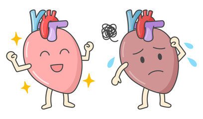 擬人化した健康な心臓と病気になった心臓のかわいい比較イラスト