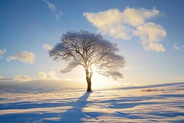 A solitary tree stands tall in a snowy landscape, illuminated by sunlight, creating a serene winter scene with soft clouds in the background.