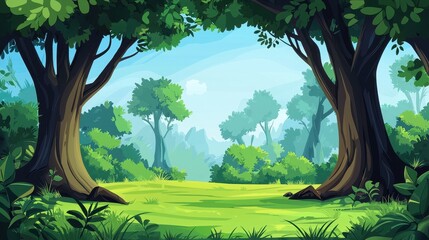 Naklejka premium Lush Green Forest Clearing Sunny Day Scene