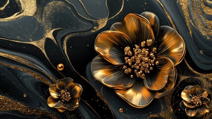 Lutus flower 3d wallpaper for wall frames fractal flowers golden and black liquid marble background. Resin geode and abstract art, functional art, like geode painting.