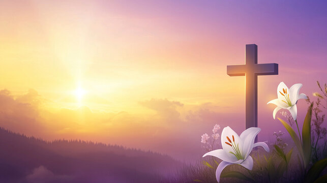 Easter banner with soft purple gradient background and warm gold of dawn, silhouette of cross on hill with sunrise light shining behind it