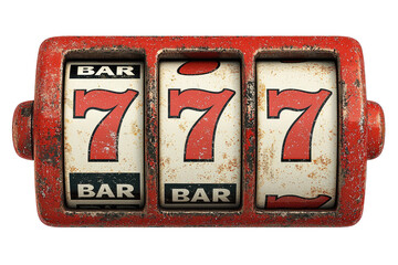 Vintage Rusty Red Slot Machine Showing Lucky 777 Jackpot Win