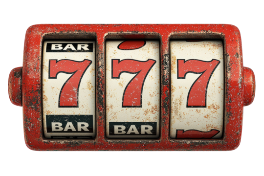 Vintage Rusty Red Slot Machine Showing Lucky 777 Jackpot Win