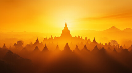 Elegant banner with Borobudur Temple theme with golden orange gradient background, silhouette of temple seen in the distance with dramatic morning mist