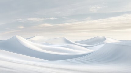A serene, abstract monochromatic landscape featuring vast, smooth snow-white sand dunes under a softly moving cloudy sky.