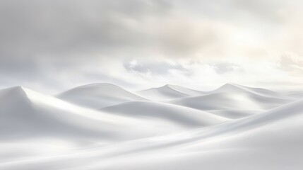 Fototapeta premium A serene, abstract monochromatic landscape featuring vast, smooth snow-white sand dunes under a softly moving cloudy sky.