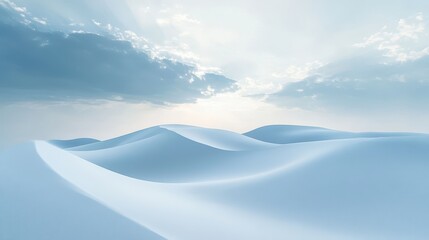 A serene, abstract monochromatic landscape featuring vast, smooth snow-white sand dunes under a softly moving cloudy sky.