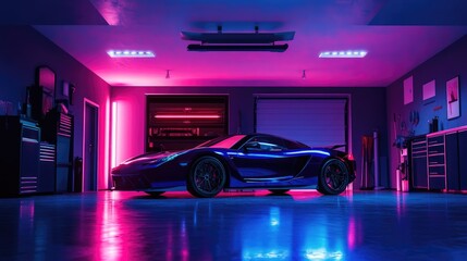 Luxur car in garage with atmospheric lighting