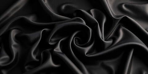Glossy black satin fabric exudes luxury with its smooth, slightly wrinkled texture, enhancing its rich elegance in this close-up view