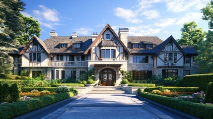 Grand Tudor-style mansion, sunny garden, driveway. Real estate listing image