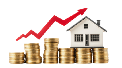 House on Growing Coin Piles with Red Arrow Isolated on Transparent Background