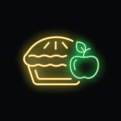 Glowing neon sign of an apple pie with an apple on the side on a black background