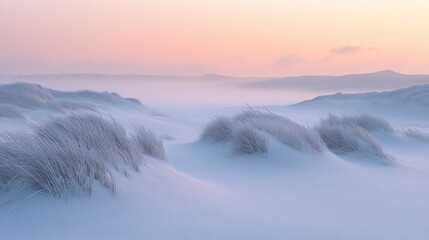 A serene snow-covered landscape at sunrise, with frosty grasses and a misty horizon enveloped in the cool, windy weather.